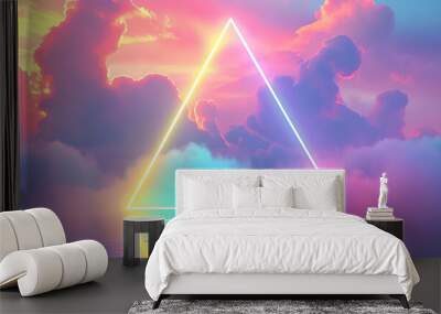 single neon triangle on water with clouds, AI generated Wall mural