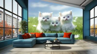 Three white kittens on the grass, AI generative Wall mural