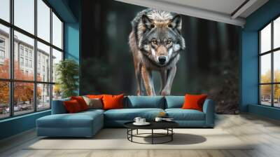 wolf walking on a path in the forest, AI generative Wall mural