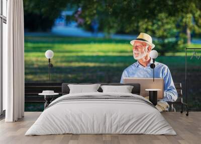 Senior man using laptop computer at rest in the park outdoors Wall mural