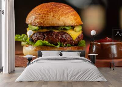 Fresh home-made hamburger served on wood Wall mural