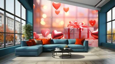 Valentines day concept. Red hearts, boxes with valentines  Wall mural