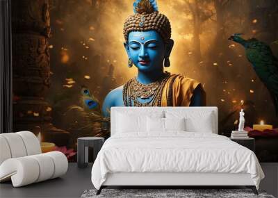 buddha statue with lotus flower emitting aura, vasek buddha purnima background, created with generative ai Wall mural