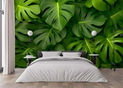 Green monstera deliciosa leaves background for creative banner with copyspace, green plant background, tropical leaves background, Generative AI Wall mural