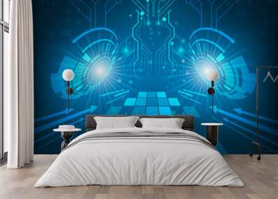 Abstract vector futuristic technological circuit board dark blue background. Wall mural