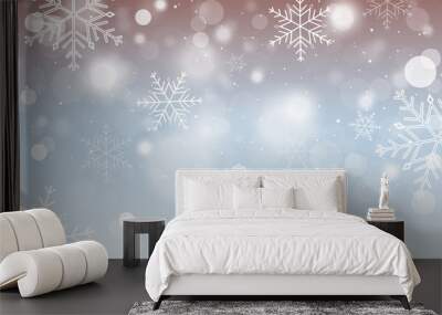 Abstract vector winter wallpaper. Snowflakes, circles and glowing elements. Wall mural