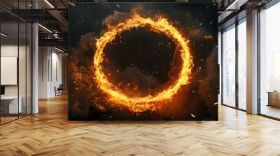 3D Fire Circle Frame with Sparks and Particles on a Black Background, Creating a Dynamic and Fiery Visual Effect, Perfect for Graphics, Design Projects, and Digital Media with a Focus on Energy and Mo Wall mural