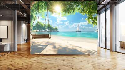 A Beautiful Beach with White Sand, Turquoise Water, and Crystal Clear Waves, Featuring a Serene Coastal Scene with Lush Greenery and a Perfect Sunny Sky, Ideal for Depicting Tropical Paradise, Vacatio Wall mural