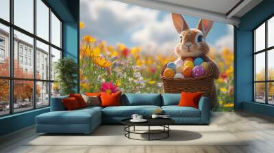 A cute Easter bunny joyfully carrying an Easter basket filled with colorful eggs and spring flowers. The bunny’s fluffy fur and cheerful expression bring a sense of joy and playfulness to the scene. T Wall mural