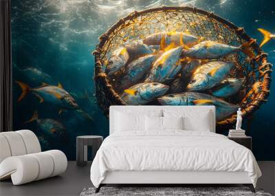 A Fishing Net Full of Yellowtail Fish Floating on the Surface of the Ocean, Highlighting the Abundance of Marine Life and the Bounty of the Sea, Perfect for Concepts of Sustainability and Commercial F Wall mural