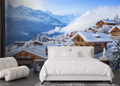 A Panoramic View of the Snow-Covered Ski Resort in Méribel, France, Highlighting Pristine Slopes, Alpine Landscape, and the Serene Winter Atmosphere, Perfect for Winter Sports Enthusiasts and Travel P Wall mural