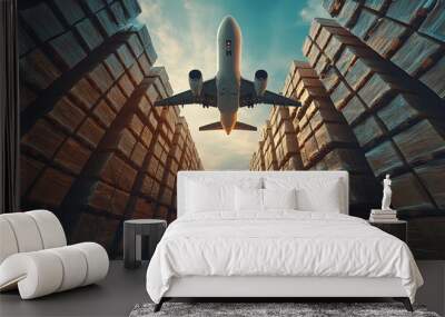 A Plane Flying Over Large White Pallets of Goods with a Clear Blue Sky in the Background, Representing the Efficient Transportation and Logistics of Goods Across Distances, Perfect for Illustrating Mo Wall mural