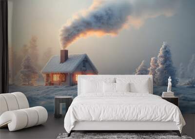 A Small House with Smoke Coming Out of the Chimney and a Winter Landscape, Evoking Warmth, Coziness, and the Charm of Rural Life in a Cold, Snowy Environment

 Wall mural