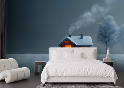 A Small House with Smoke Coming Out of the Chimney and a Winter Landscape, Evoking Warmth, Coziness, and the Charm of Rural Life in a Cold, Snowy Environment

 Wall mural