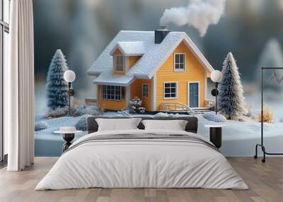 A Small House with Smoke Coming Out of the Chimney and a Winter Landscape, Evoking Warmth, Coziness, and the Charm of Rural Life in a Cold, Snowy Environment

 Wall mural