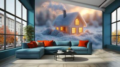 A Small House with Smoke Coming Out of the Chimney and a Winter Landscape, Evoking Warmth, Coziness, and the Charm of Rural Life in a Cold, Snowy Environment

 Wall mural