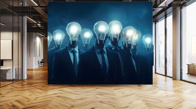 Group of Businessmen with Lightbulb Heads, Each with a Different Colored Light Wall mural