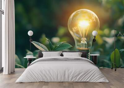 The Light Bulb Glowing on Green Plant Leaves Background Wall mural