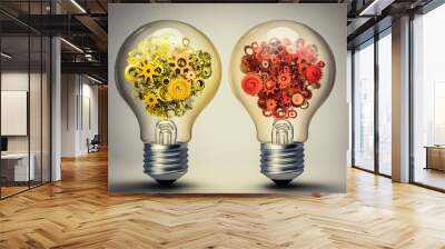 Two Light Bulbs: One with Gears and the Other in Full Color Wall mural