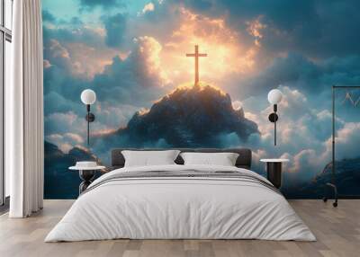 “A Cross Atop a Mountain with Dramatic Clouds in the Sky, Representing Faith and Strength Against Nature’s Vastness”
 Wall mural