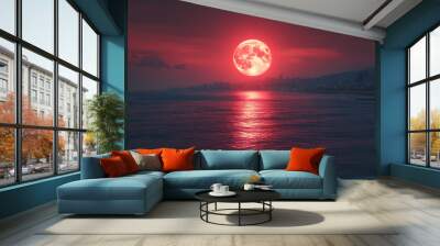 “A Red Moon Setting Over the Ocean Casting an Eerie Glow”
 Wall mural