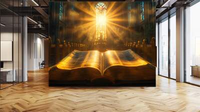 “Open Bible on Altar: Religious Symbolism in Front of a Pulpit in a Church Setting”
 Wall mural