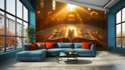 “Open Bible on Altar: Religious Symbolism in Front of a Pulpit in a Church Setting”
 Wall mural