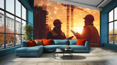 “Silhouette of Two Construction Workers with Hard Hats, Overseeing a Project Against the Backdrop of a Dramatic Sunset, Symbolizing Teamwork, Dedication, and the Building of a Better Future”
 Wall mural