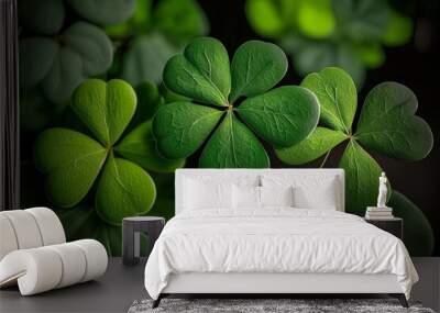 Four leaf clover, Clover Leaves for Green background with three-leaved shamrocks. st patrick's day background, holiday symbol, Earth Day, AI  Wall mural