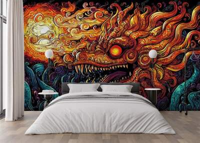 Fiery Dragon Head with Psychedelic Design Wall mural