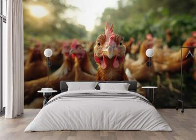 A close-up of a curious brown hen with its head tilted forward, looking directly at the camera while surrounded by other chickens in a blurry background. Wall mural