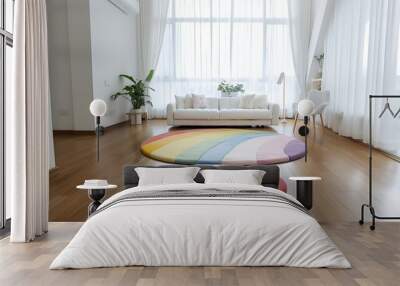 A colorful rainbow rug in a minimalist living room with white walls, white curtains, and wood flooring. Wall mural