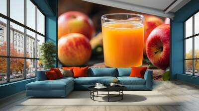 A glass of fresh apple juice with a few apples on a wooden table. Wall mural