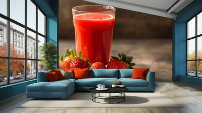 A glass of fresh strawberry juice with strawberries on the side. Wall mural