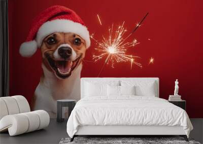 A happy dog in a Santa hat holds a sparkler on a red background. Wall mural