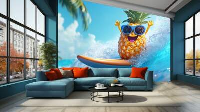 A happy pineapple character in sunglasses is riding a surfboard on a wave with a blue sky and palm trees in the background. Wall mural