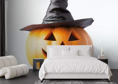 A jack-o-lantern with a witch's hat isolated on white background. Wall mural