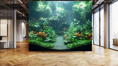 A lush, underwater jungle with vibrant green plants and a school of orange fish swimming beneath the surface. Wall mural