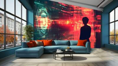 A silhouette of a person standing in front of a digital interface with red and green lights. Wall mural