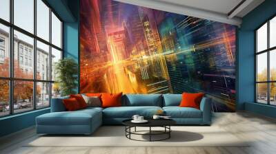 Abstract city lights and skyscrapers with orange and purple streaks of light. Wall mural