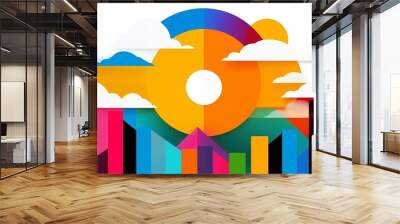 Abstract geometric illustration with colorful shapes and white clouds on a white background. Wall mural