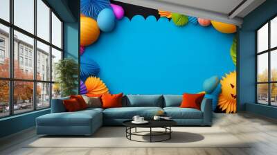 Colorful paper decorations and spheres on a blue background. Wall mural