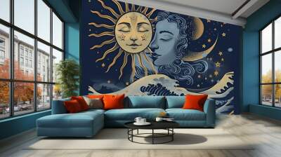 Golden sun and moon with a blue ocean wave design. Wall mural