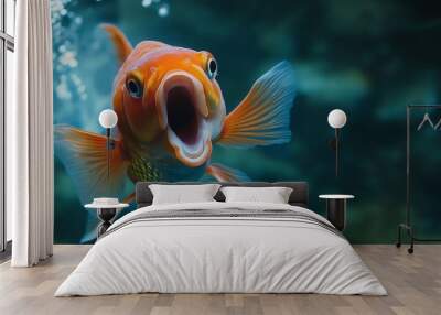 Goldfish with open mouth swimming in the water. Wall mural