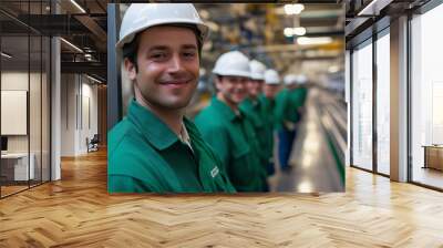 Portrait of a smiling construction worker in a green uniform and a white hardhat. Wall mural