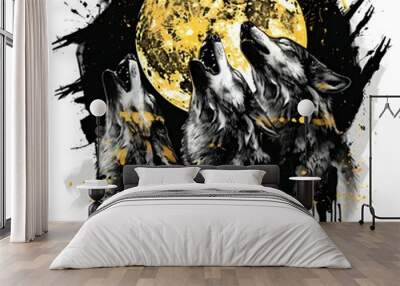 Three wolves howling at the moon in an abstract, artistic style. Wall mural