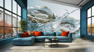 Two fresh oysters submerged in water with splash. Wall mural