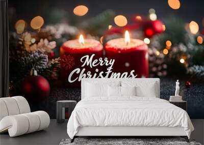 Two red candles with a 'Merry Christmas' message on them, lit and surrounded by Christmas lights and decorations. Wall mural