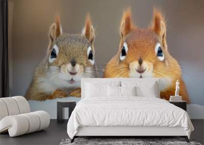 Two squirrels peek over a snowdrift with curious expressions. Wall mural