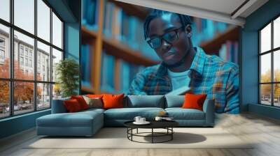 Young man in a library reading a book. Wall mural